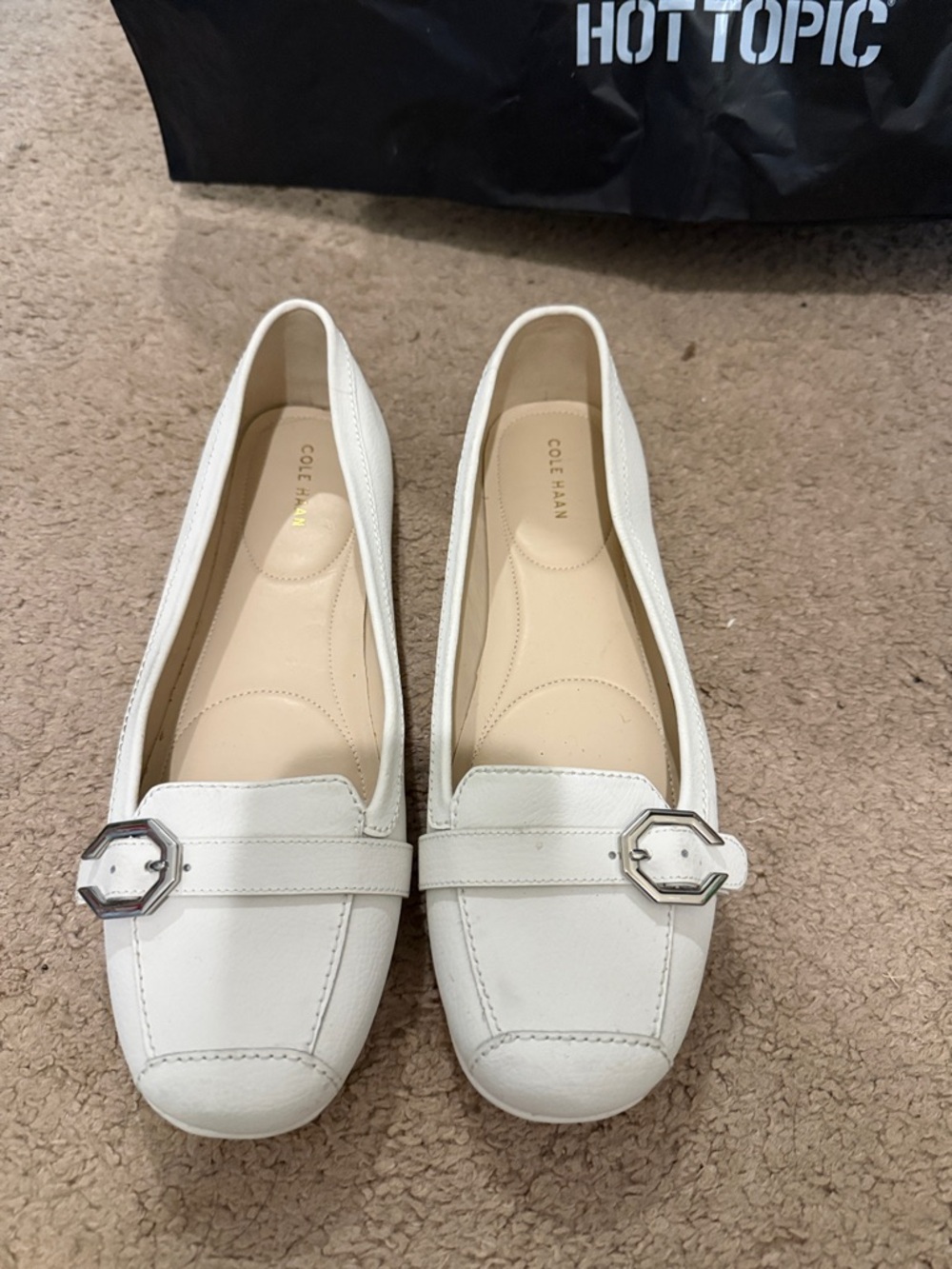 Cole Haan White Leather Loafers with Silver Accent Buckles